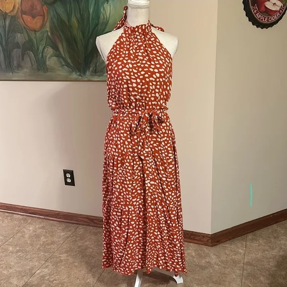 +Women's Halter Neck Dress in Red-Orange and White - Picture 1 of 8